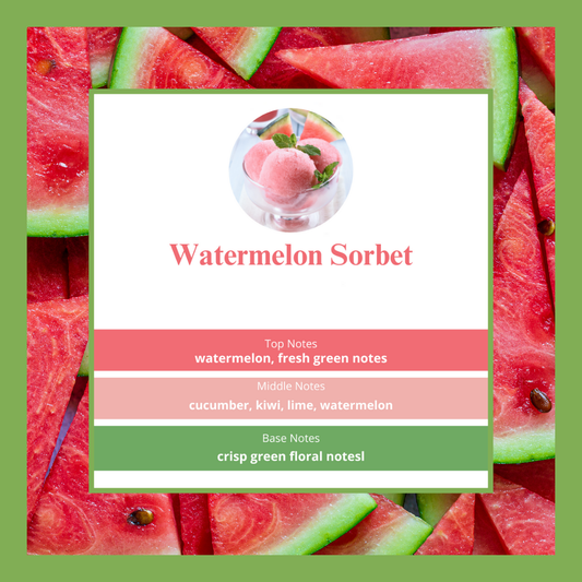 Watermelon Sorbet waxmelts – watermeloen, komkommer, kiwi, limoen & groene bloemen – www.degeurboetiek.com