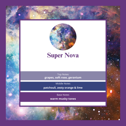 Super Nova waxmelts – druif, sinaasappel, limoen, roos, geranium, patchoeli & muskus – www.degeurboetiek.com
