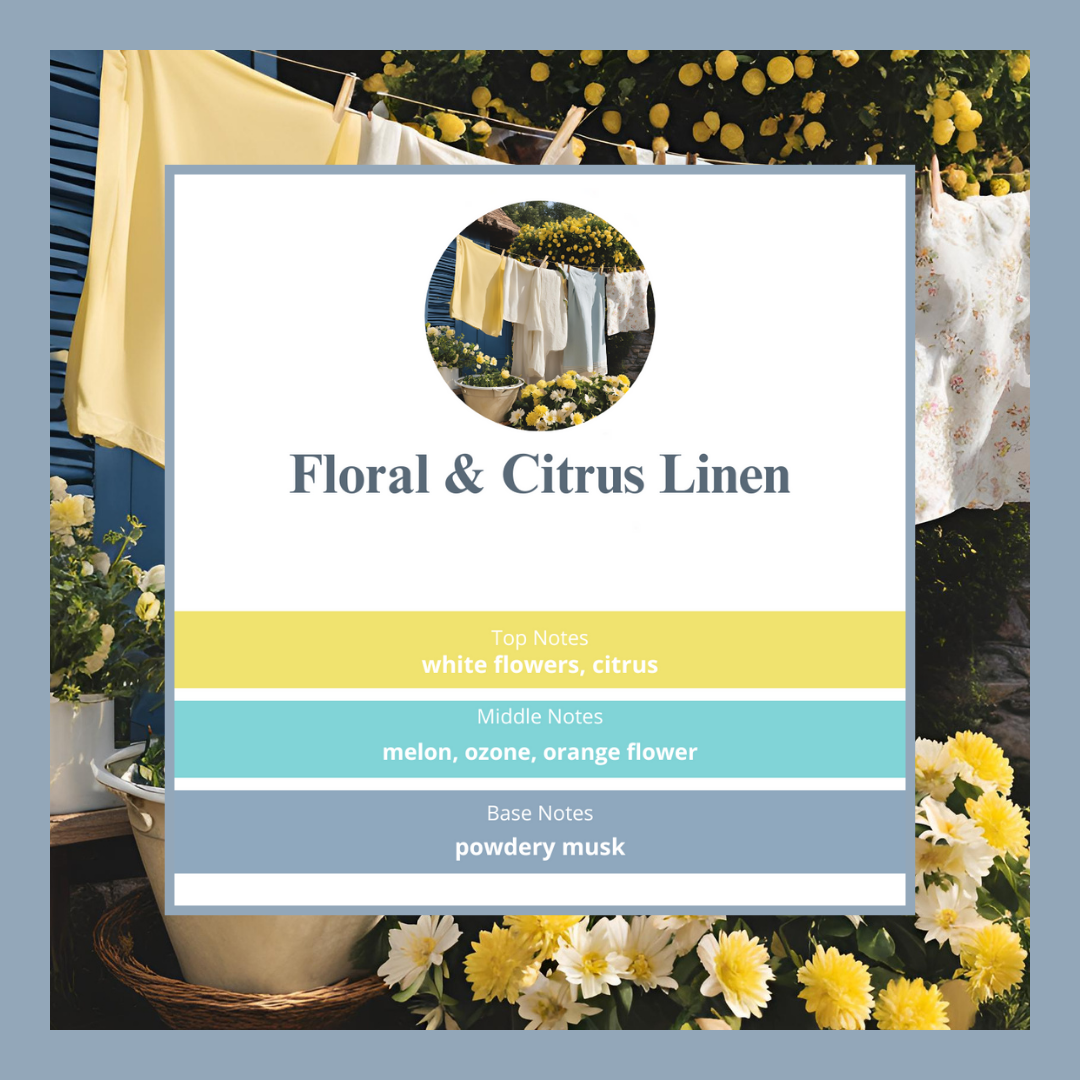 Floral Citrus Linen waxmelts – citrus, meloen, witte bloemen, musk & ozon – www.degeurboetiek.com