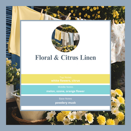 Floral Citrus Linen waxmelts – citrus, meloen, witte bloemen, musk & ozon – www.degeurboetiek.com