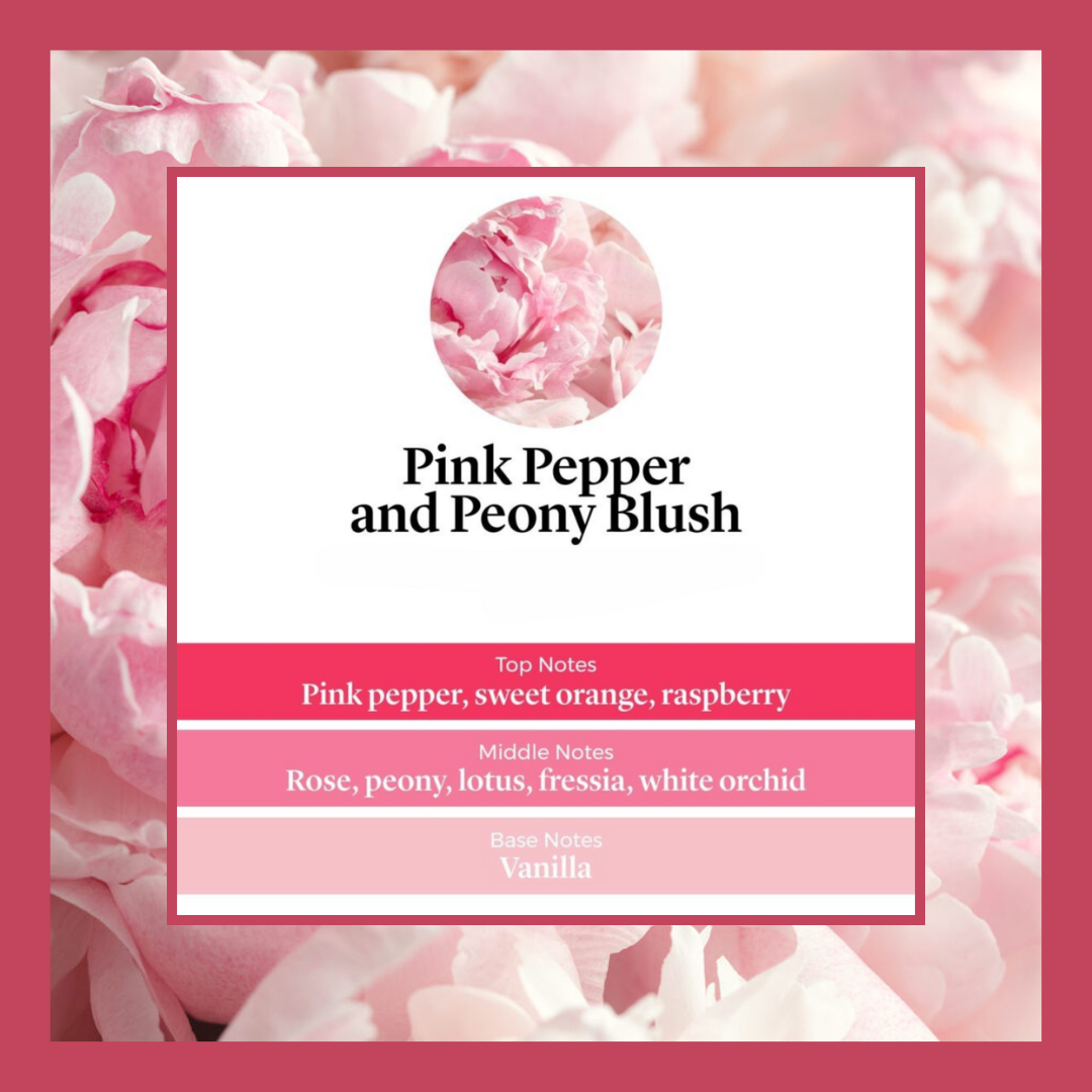 Pink Pepper & Peony Blush waxmelts – roze peper, sinaasappel, pioenroos, fresia en vanille – www.degeurboetiek.com