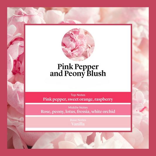 Pink Pepper & Peony Blush waxmelts – roze peper, sinaasappel, pioenroos, fresia en vanille – www.degeurboetiek.com