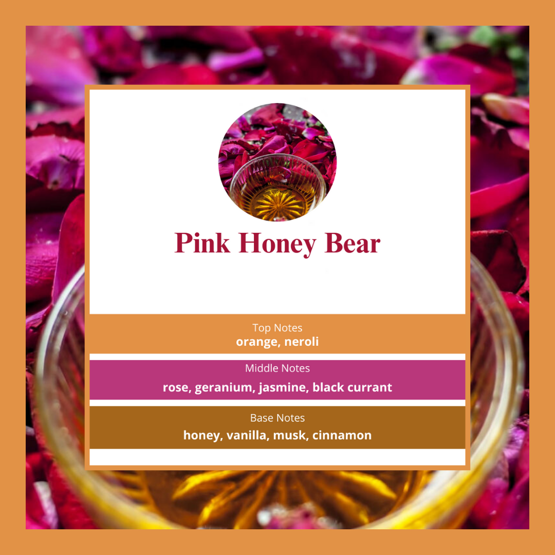 Pink Honey Bear waxmelts – sinaasappel, neroli, roos, honing, musk & kaneel – www.degeurboetiek.com