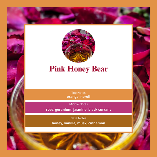 Pink Honey Bear waxmelts – sinaasappel, neroli, roos, honing, musk & kaneel – www.degeurboetiek.com