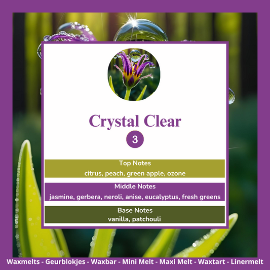 Crystal Clear waxmelts – ozon, citrus, jasmijn, gerbera, neroli & patchouli – www.degeurboetiek.com