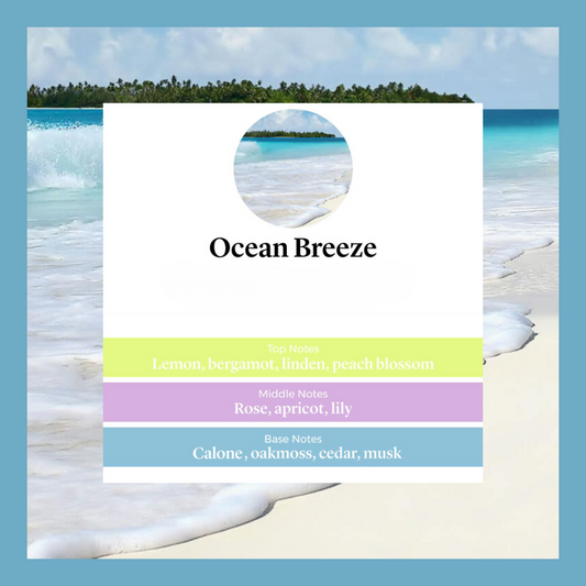 Ocean Breeze waxmelts – citroen, bergamot, linde, perzikbloesem, roos, abrikoosbloesem, lelie, calone, eikenmos, cederhout & musk – www.degeurboetiek.com