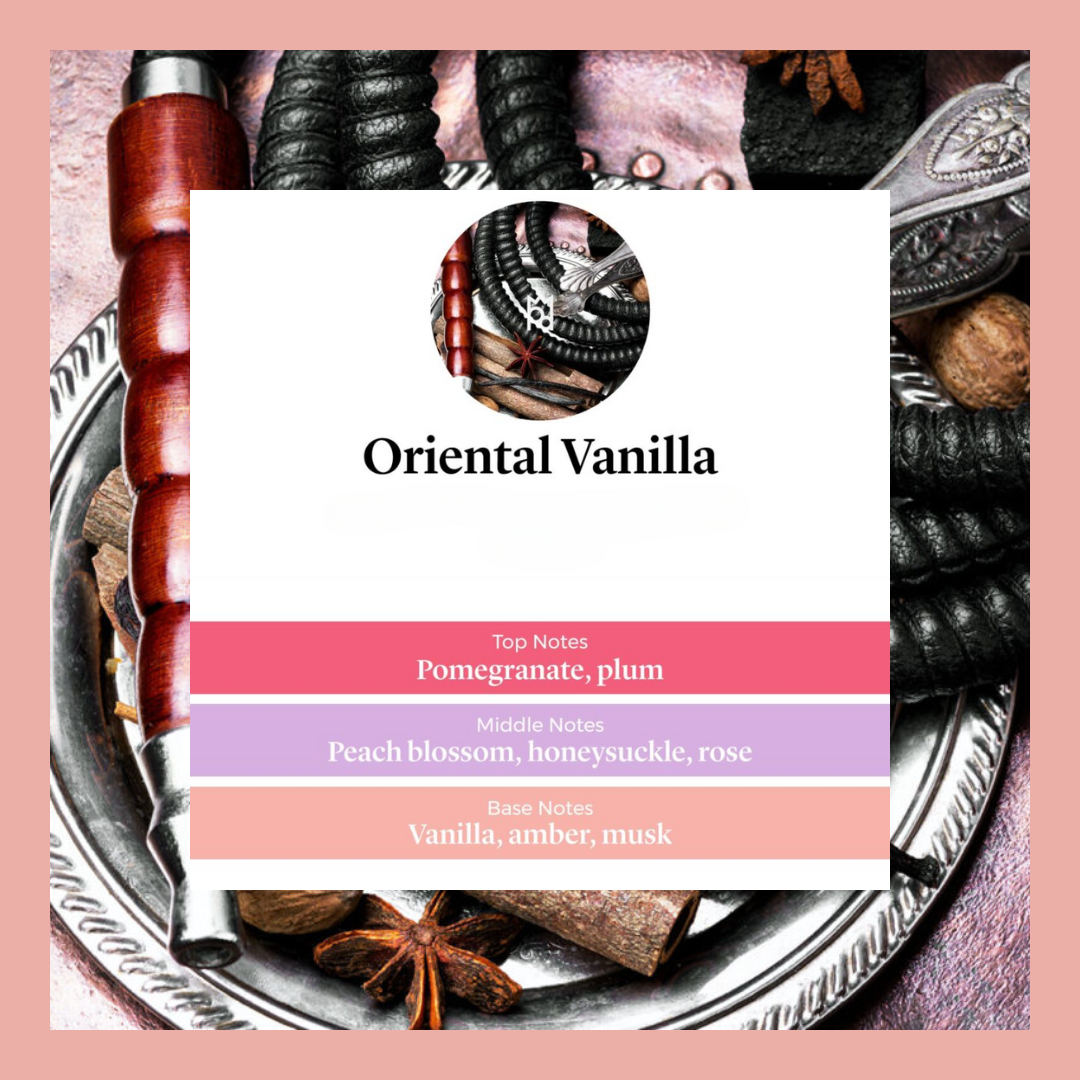 Oriental Vanilla waxmelts – pruim, granaatappel, kamperfoelie, perzikbloesem, damastroos, vanille, amber & musk – www.degeurboetiek.com