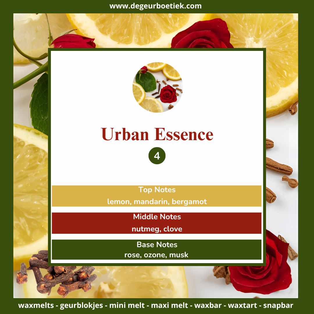 Urban Essence waxmelts – mandarijn, citroen, bergamot, nootmuskaat, roos, muskus & hout – www.degeurboetiek.com