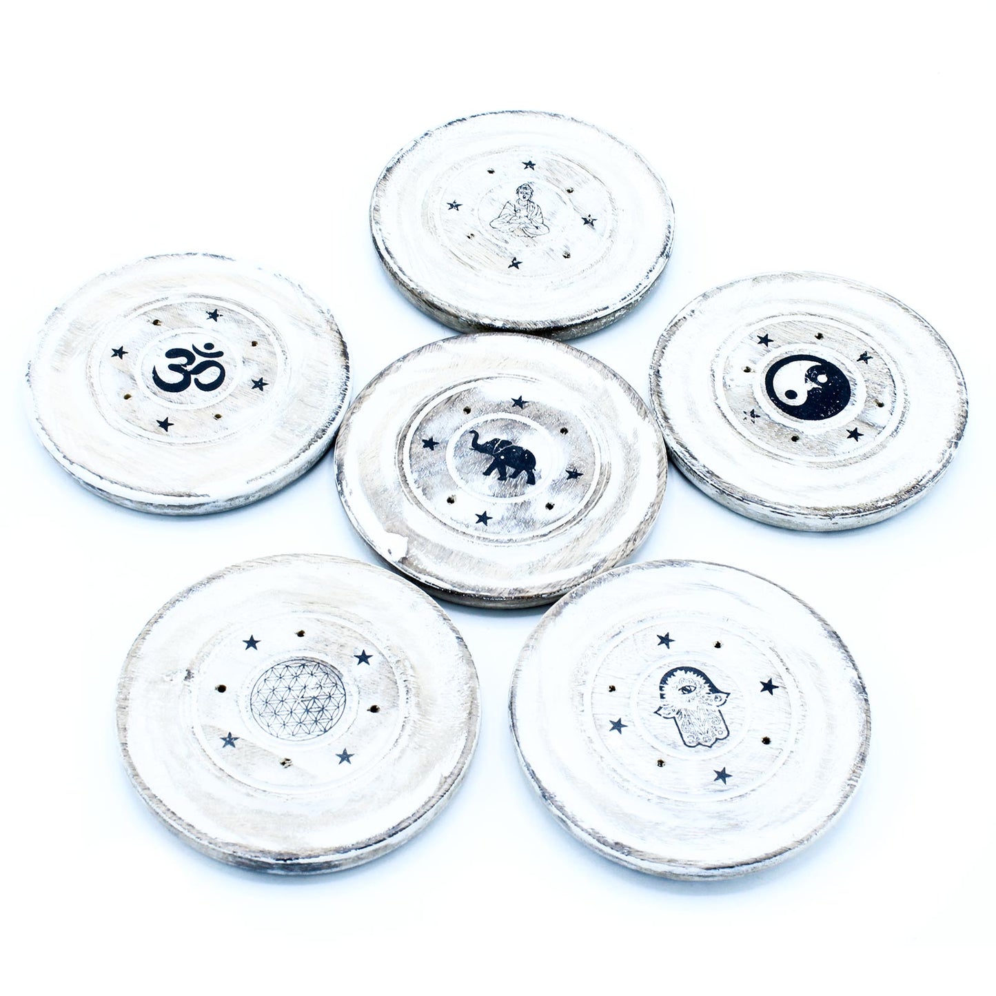 Wierookhouder van mangohout (schijf/kegel) - White Washed