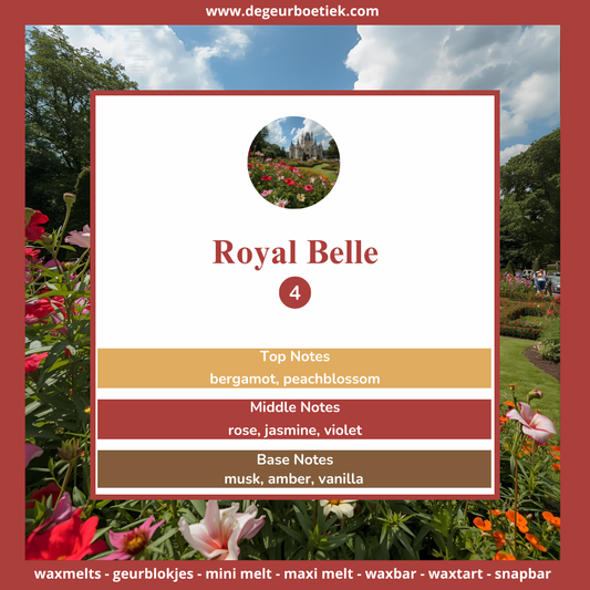 Royal Belle waxmelts – bergamot, roos, jasmijn, viooltjes, musk, amber & vanille – www.degeurboetiek.com