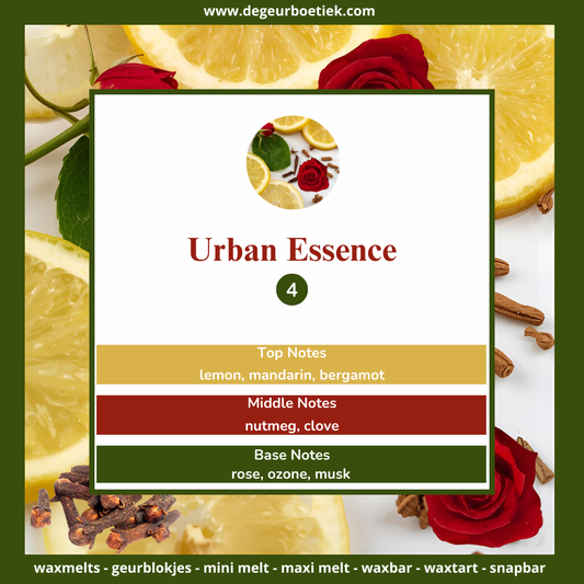 Urban Essence waxmelts – mandarijn, citroen, bergamot, nootmuskaat, roos, muskus & hout – www.degeurboetiek.com