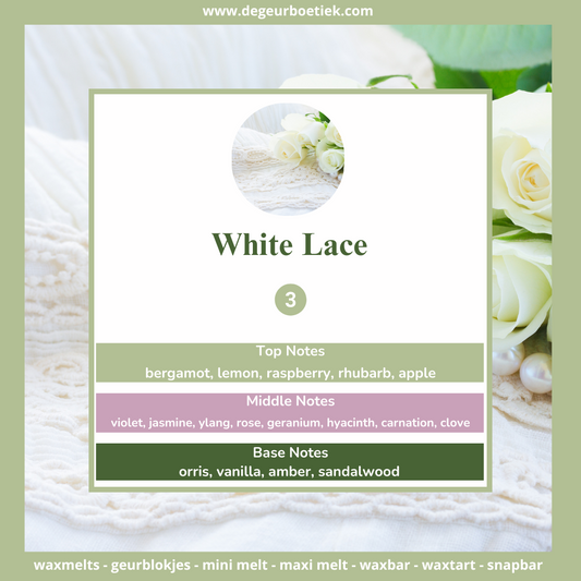 White Lace waxmelts – bergamot, framboos, rijk bloemenboeket, vanille & sandelhout – www.degeurboetiek.com
